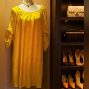 Chic Long Sleeve  Yellow Artsy Dress. Plus Size.